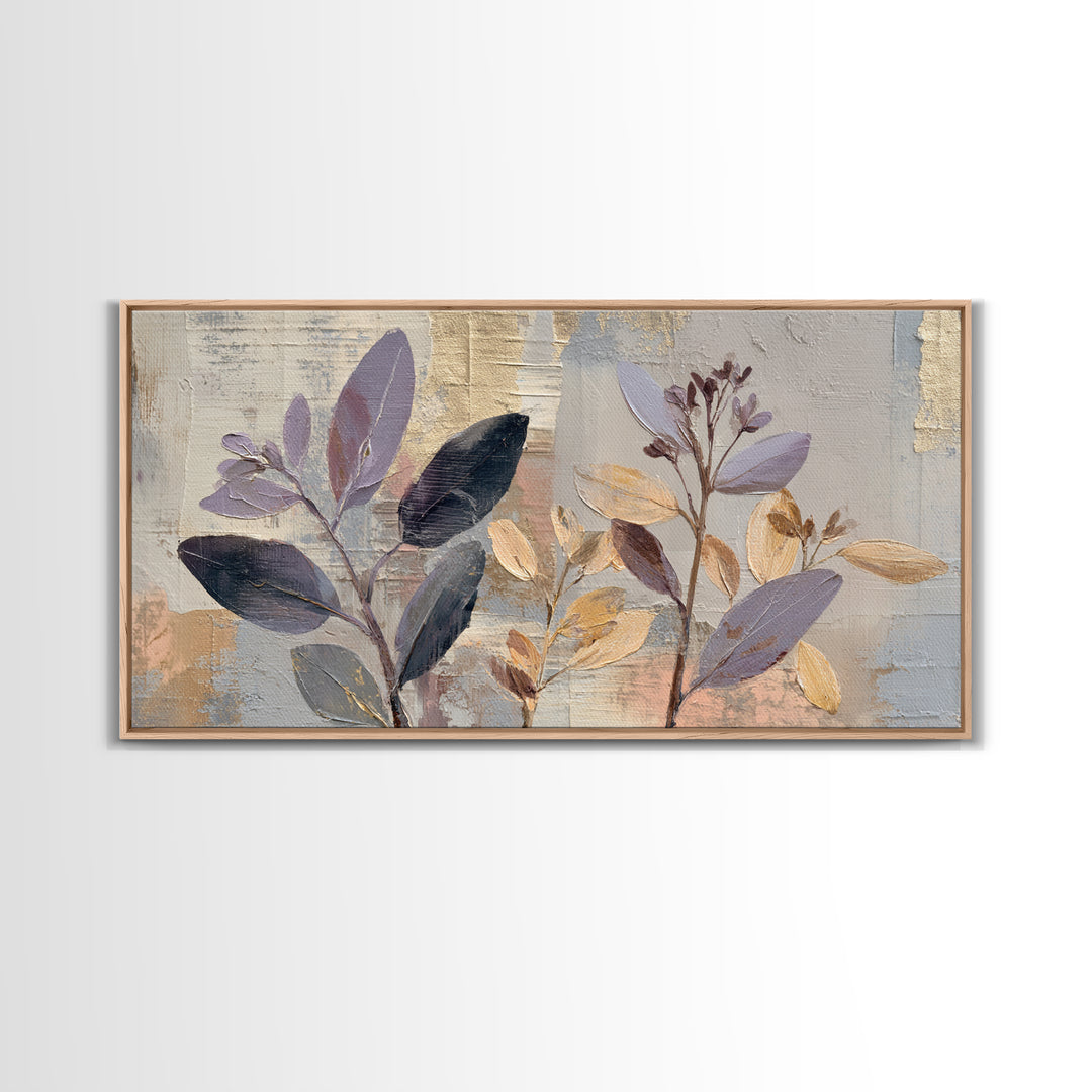Tonal Botanical Shadows on Plaster Surface Framed Canvas Print, Above Bed Art, 3 Piece Wall Art, Bedroom Decor, Serenity, ABA-2x1-67
