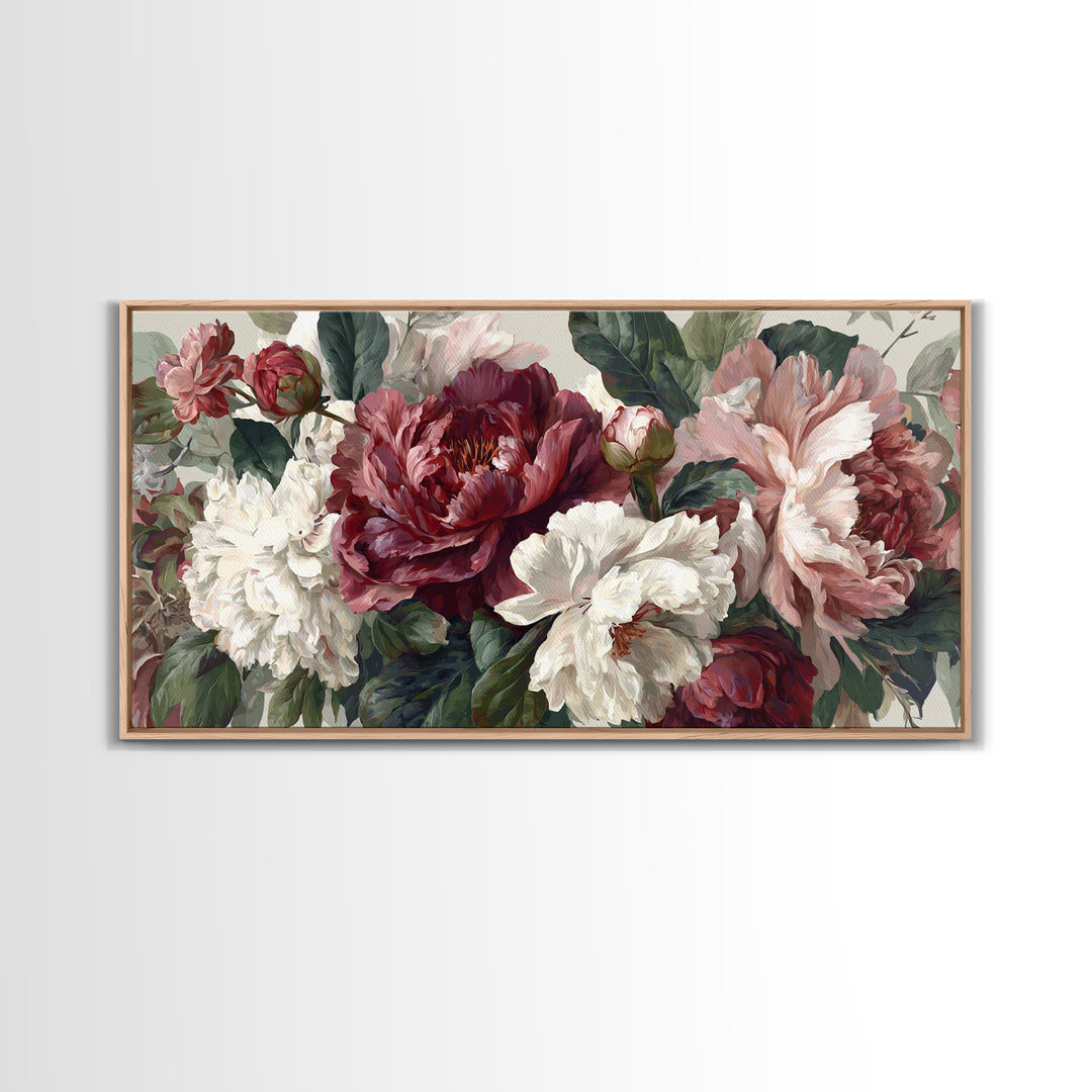 Romantic Oversized Peony Bloom on Warm Linen Canvas Print, Above Bed Art, Digital Art, Bedroom Decor, Fine Art, Serenity, ABA-2x1-70