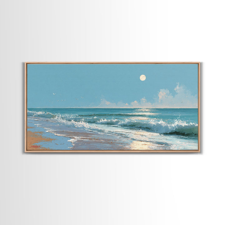 Quiet Moon over a Calm Ocean Horizon Canvas Print, Above Bed Art, Boho Decor, Bedroom Decor, Serenity, Statement Artwork, ABA-2x1-71