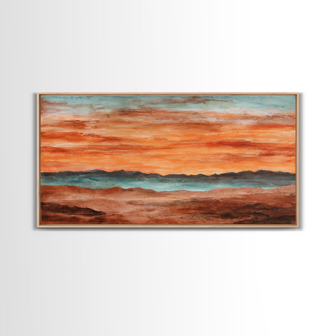 Dreamy Desert Sunset Framed Canvas Print, Above Bed Art, Statement Artwork, Bedroom Decor, Fine Art, Serenity, ABA-2x1-75