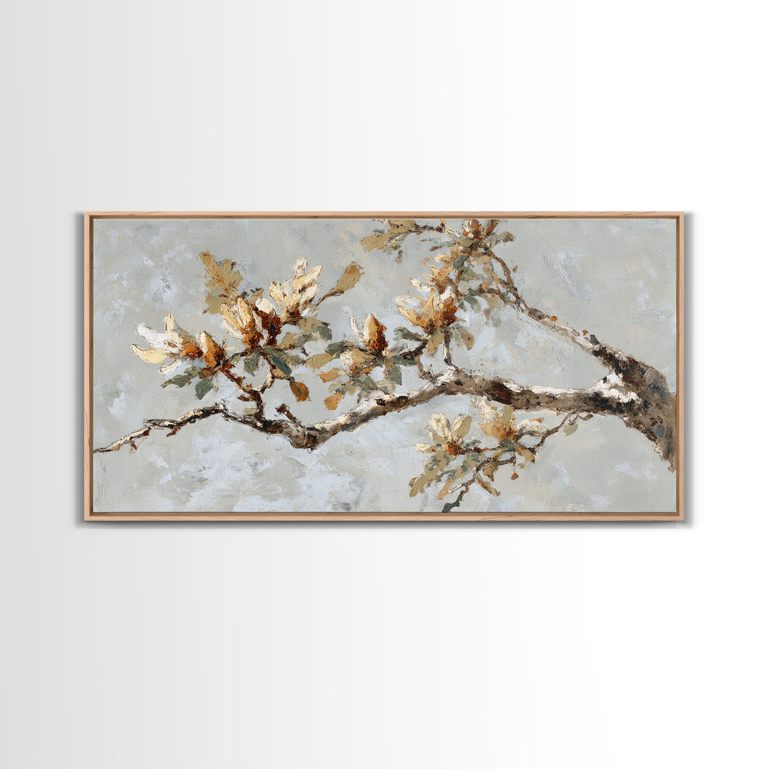 Delicate Magnolia Branch on Cream Background Framed Canvas Print, Above Bed Art, Boho Wall Art, Bedroom Decor, Watercolor Art, ABA-2x1-84