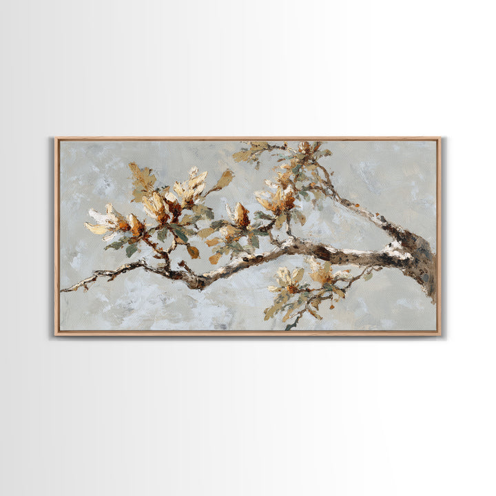 Delicate Magnolia Branch on Cream Background Framed Canvas Print, Above Bed Art, Boho Wall Art, Bedroom Decor, Watercolor Art, ABA-2x1-84