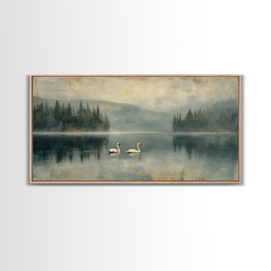 Paired Swans in a Dreamy Painterly Lake Framed Canvas Print, Above Bed Art, Digital Prints, Bedroom Decor, Fine Art, Serenity, ABA-2x1-90