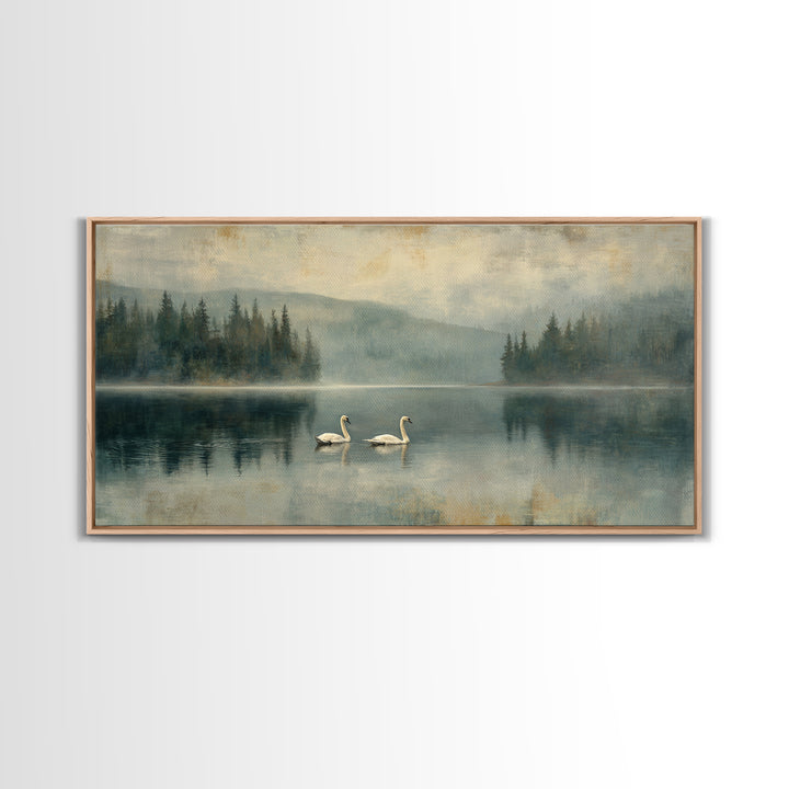 Paired Swans in a Dreamy Painterly Lake Framed Canvas Print, Above Bed Art, Digital Prints, Bedroom Decor, Fine Art, Serenity, ABA-2x1-90