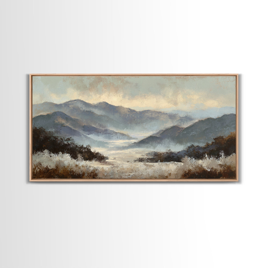 Panoramic Misty Mountain Landscape Canvas Print, Above Bed Art, Textured Wall Art, Bedroom Decor, Fine Art, Serenity, ABA-2x1-93