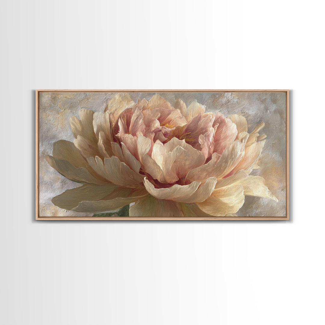 Romantic Oversized Peony Bloom on Warm Linen Canvas Print, Above Bed Art, Digital Art, Bedroom Decor, Fine Art, Serenity, ABA-2x1-94