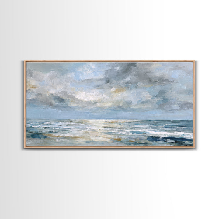 Quiet Moon over a Calm Ocean Horizon Framed Canvas Print, Above Bed Art, Bedroom Wall Decor, Bedroom Decor, Oil Painting, ABA-2x1-95