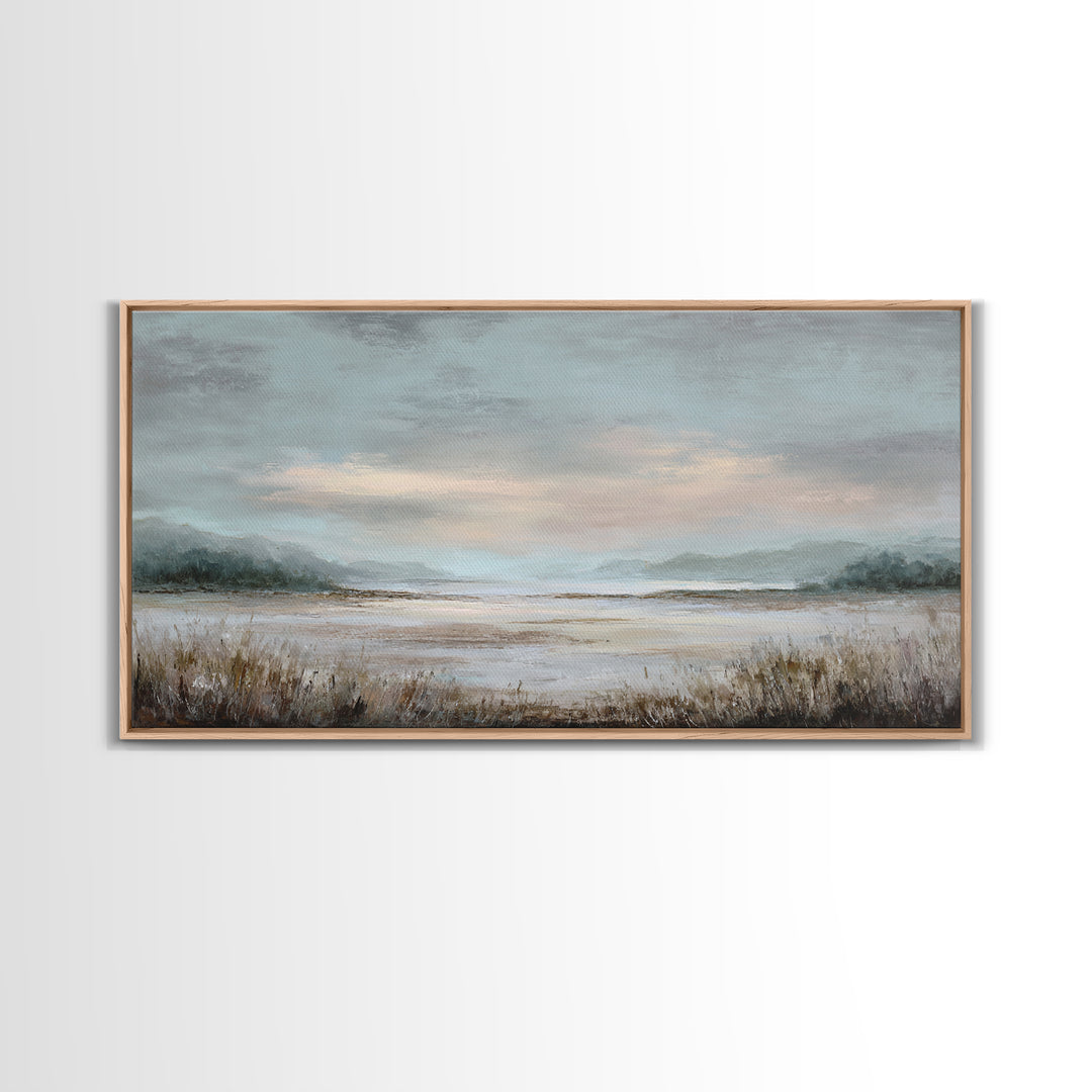 Tranquil Cloudscape with Blush Undertones Framed Canvas Print, Above Bed Art, Digital Print, Bedroom Decor, Fine Art, Serenity, ABA-2x1-97