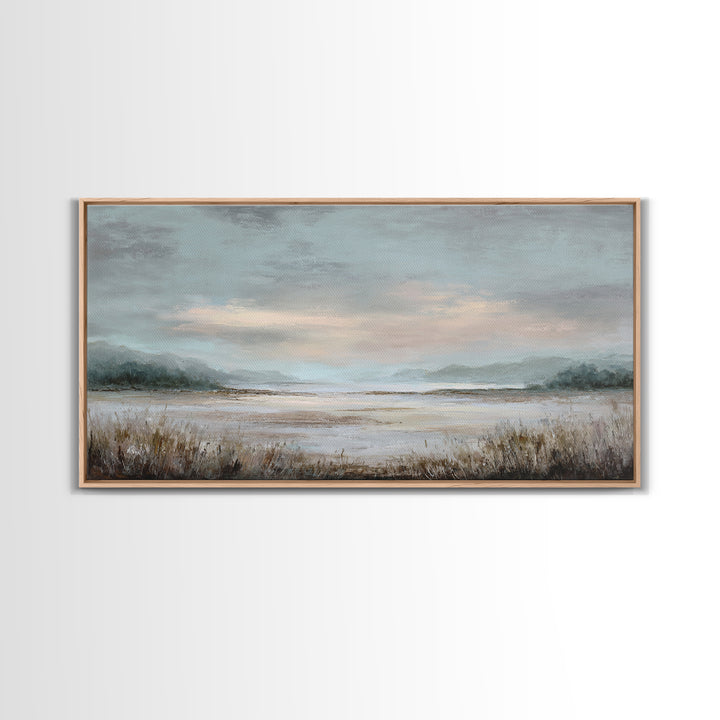 Tranquil Cloudscape with Blush Undertones Framed Canvas Print, Above Bed Art, Digital Print, Bedroom Decor, Fine Art, Serenity, ABA-2x1-97