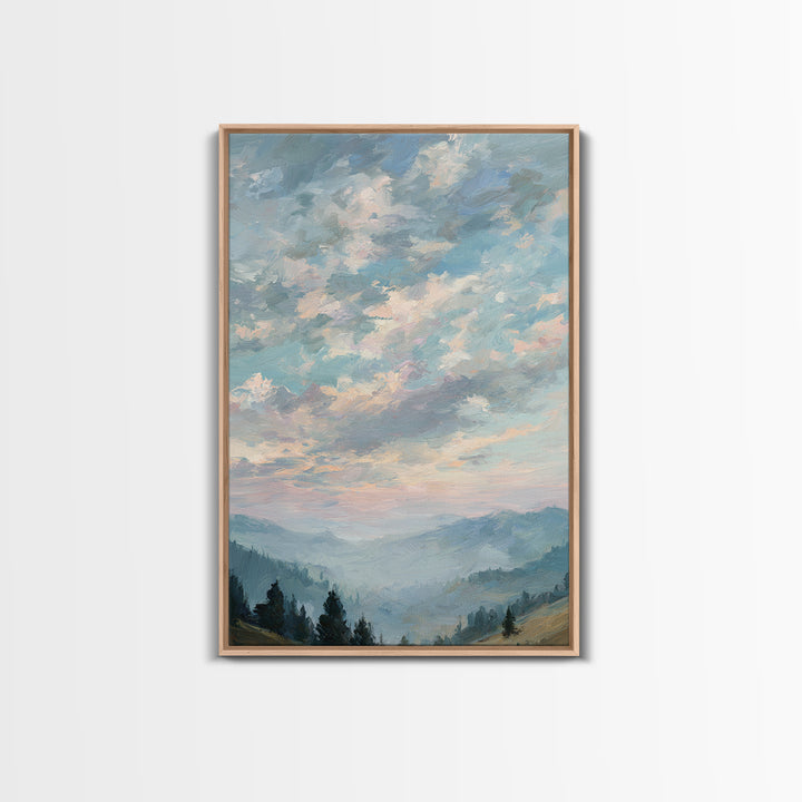 Tranquil Cloudscape with Blush Undertones Framed Canvas Print, Above Bed Art, Digital Art, Bedroom Decor, Fine Art, Serenity, ABA-2x3-13