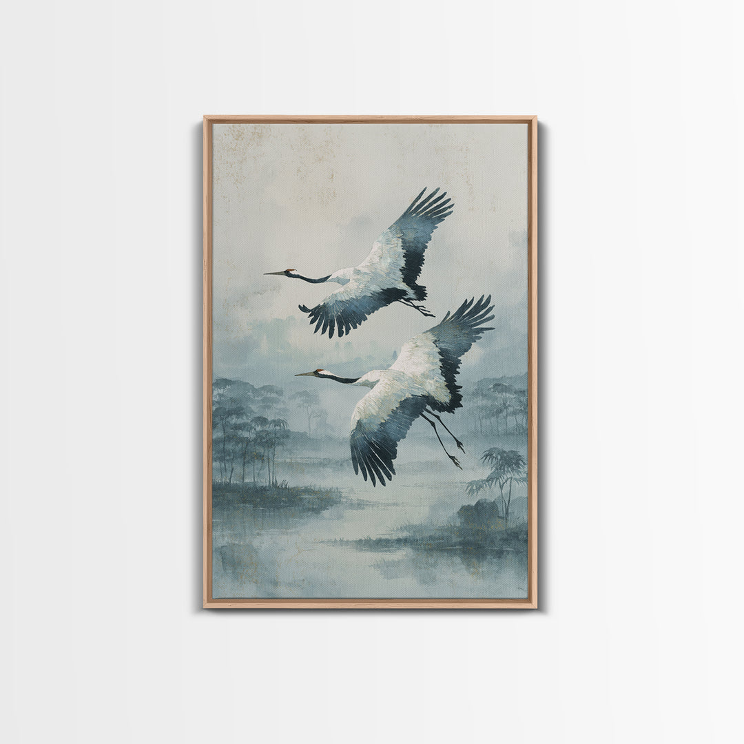 Ethereal Cranes Flying Through Pale Morning Mist Canvas Print, Above Bed Art, Printable Wall Art, Bedroom Decor, Serenity, ABA-2x3-17