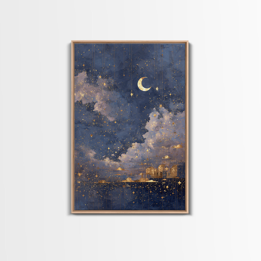 Subtle Celestial Scene Framed Canvas Print, Above Bed Art, Bedroom Decor, Oil Painting, Serenity, Textured Wall Art, ABA-2x3-21