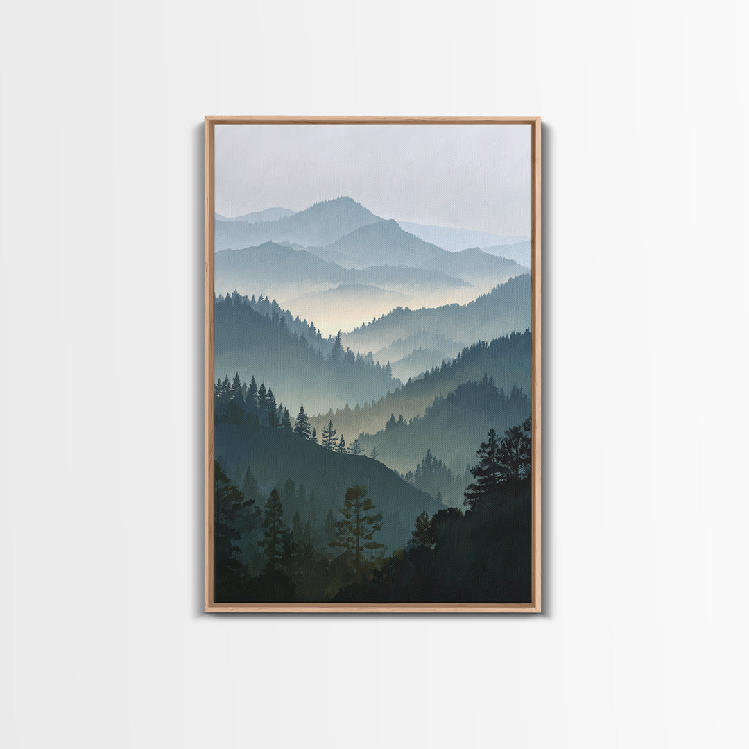 Quiet Forest Ridge Softened by Fog Framed Canvas Print, Above Bed Art, Textured Painting, Bedroom Decor, Fine Art, Serenity, ABA-2x3-22