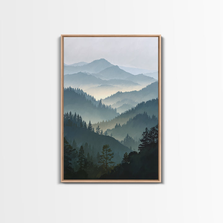Quiet Forest Ridge Softened by Fog Framed Canvas Print, Above Bed Art, Textured Painting, Bedroom Decor, Fine Art, Serenity, ABA-2x3-22