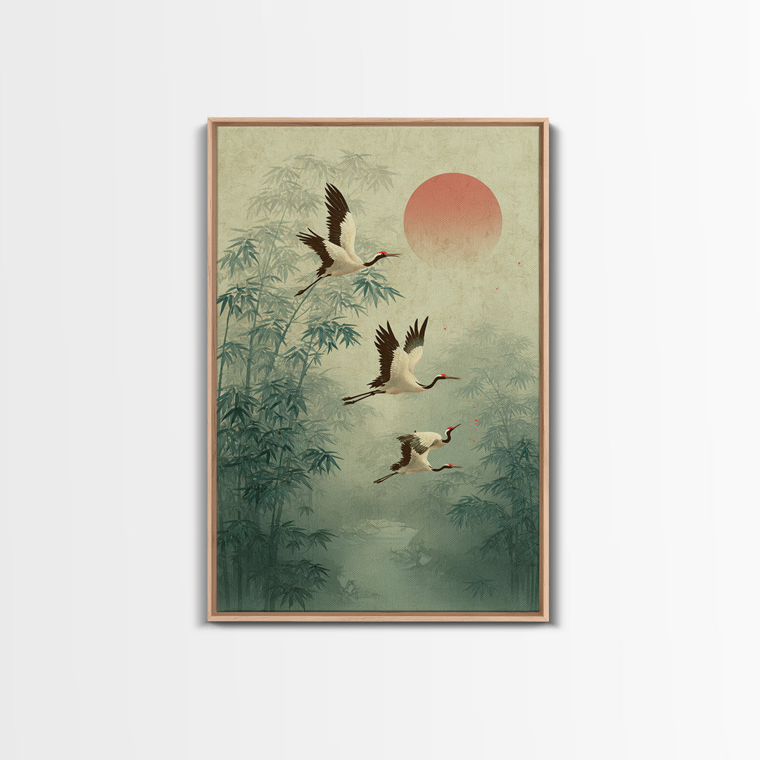 Ethereal Cranes Flying Through Pale Morning Mist Canvas Print, Above Bed Art, Printable Wall Art, Bedroom Decor, Serenity, ABA-2x3-41