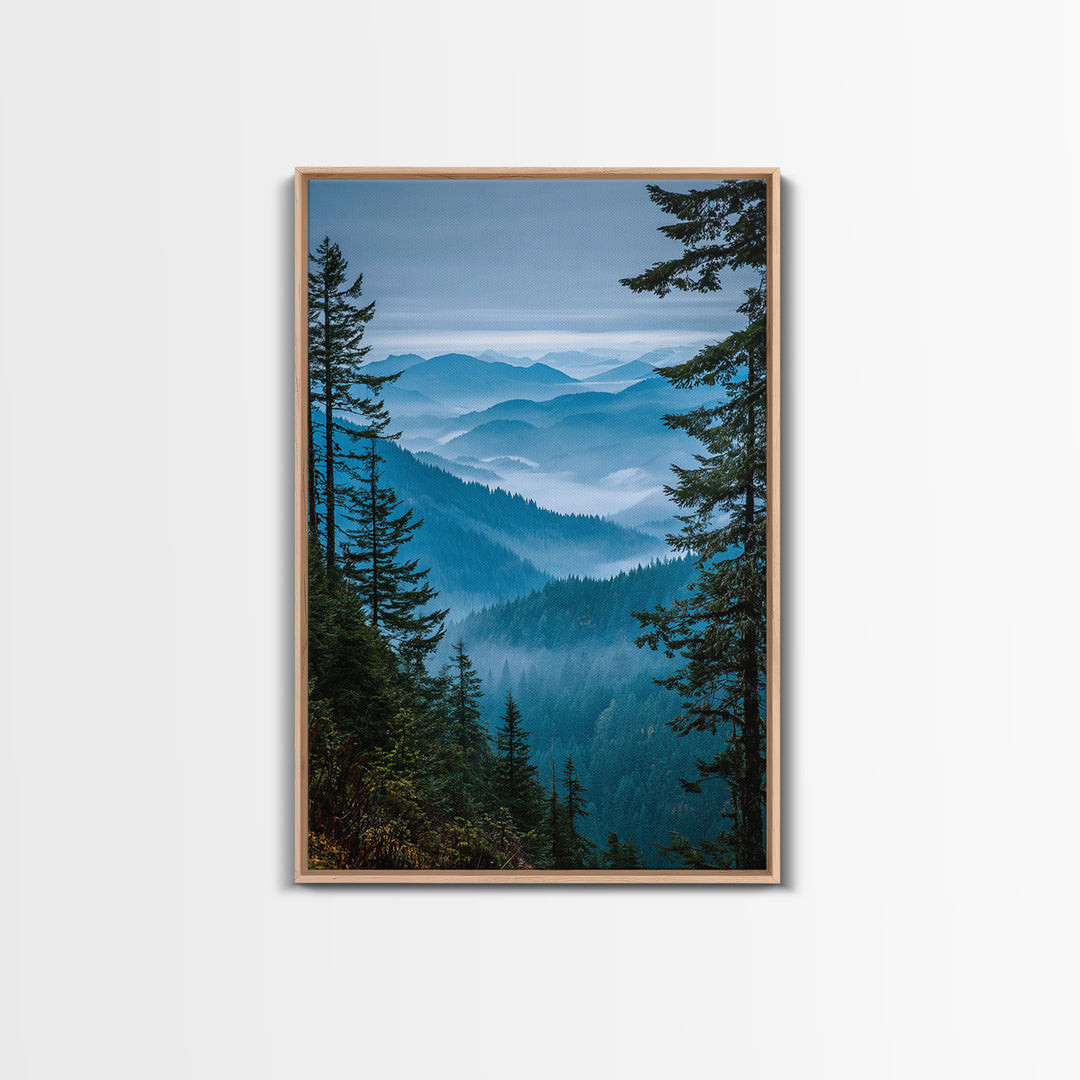 Quiet Forest Ridge Softened by Fog Framed Canvas Print, Above Bed Art, Textured Painting, Bedroom Decor, Fine Art, Serenity, ABA-2x3-46