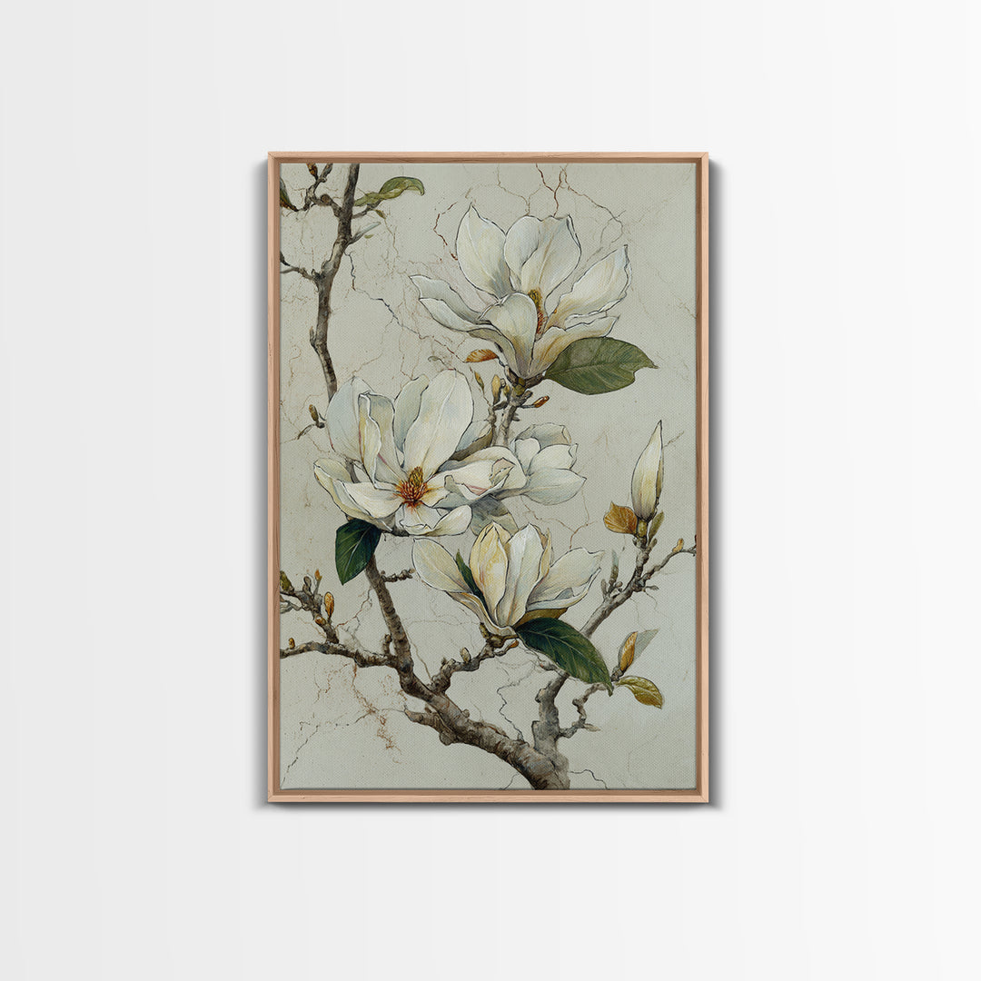 Delicate Magnolia Branch on Cream Background Framed Canvas Print, Above Bed Art, Statement Artwork, Bedroom Decor, Serenity, ABA-2x3-48