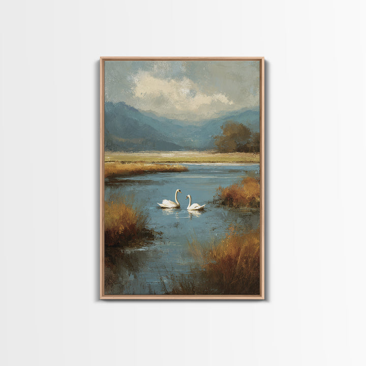 Paired Swans in a Dreamy Painterly Lake Canvas Print, Above Bed Art, Minimalist Decor, Bedroom Decor, Fine Art, Serenity, ABA-2x3-54