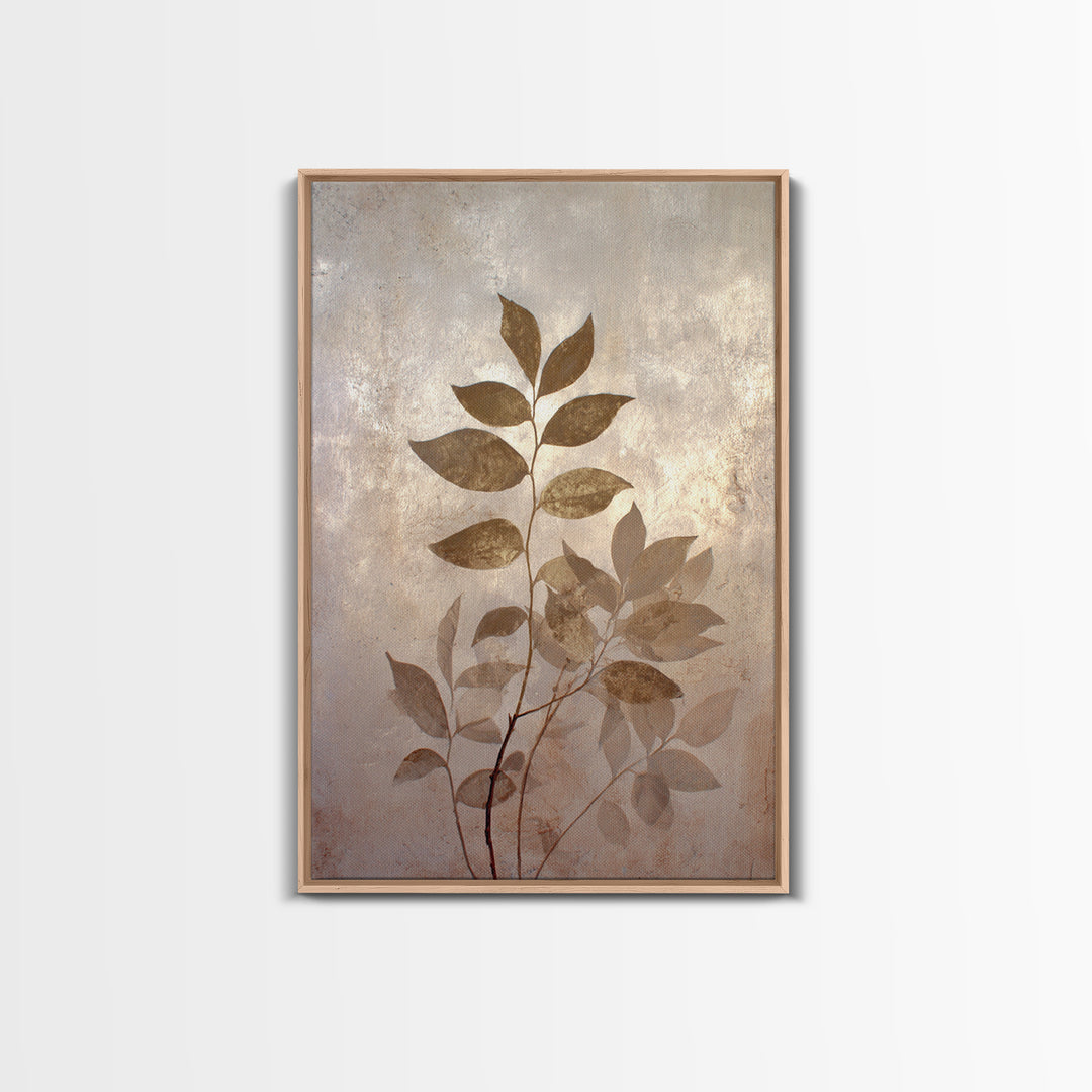Tonal Botanical Shadows on Plaster Surface Framed Canvas Print, Above Bed Art, Bedroom Decor, Oil Painting, Serenity, ABA-2x3-55
