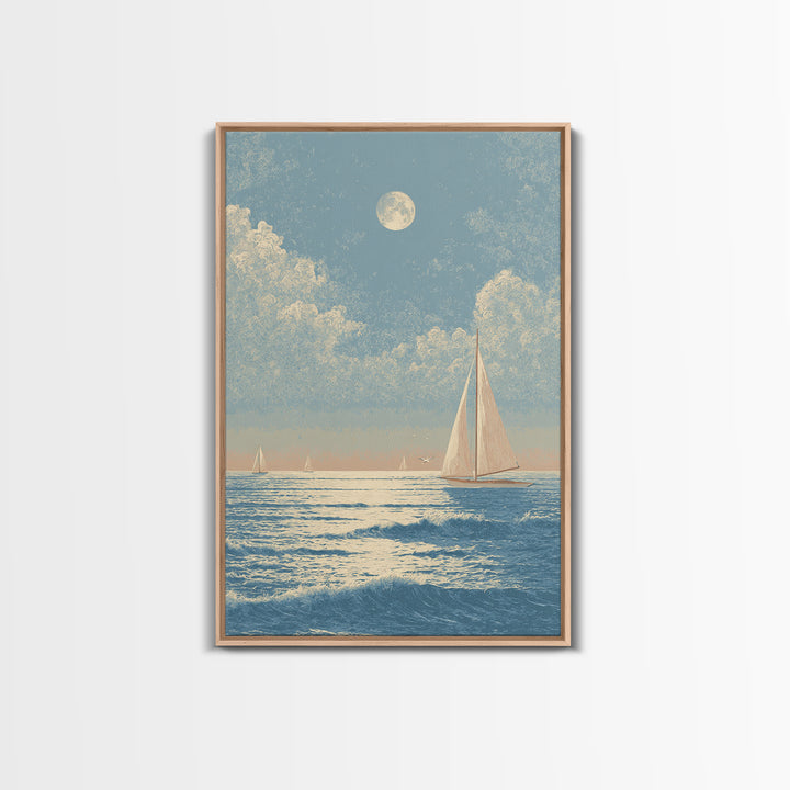 Quiet Moon over a Calm Ocean Horizon Framed Canvas Print, Above Bed Art, Digital Art, Bedroom Decor, Fine Art, Serenity, ABA-2x3-59