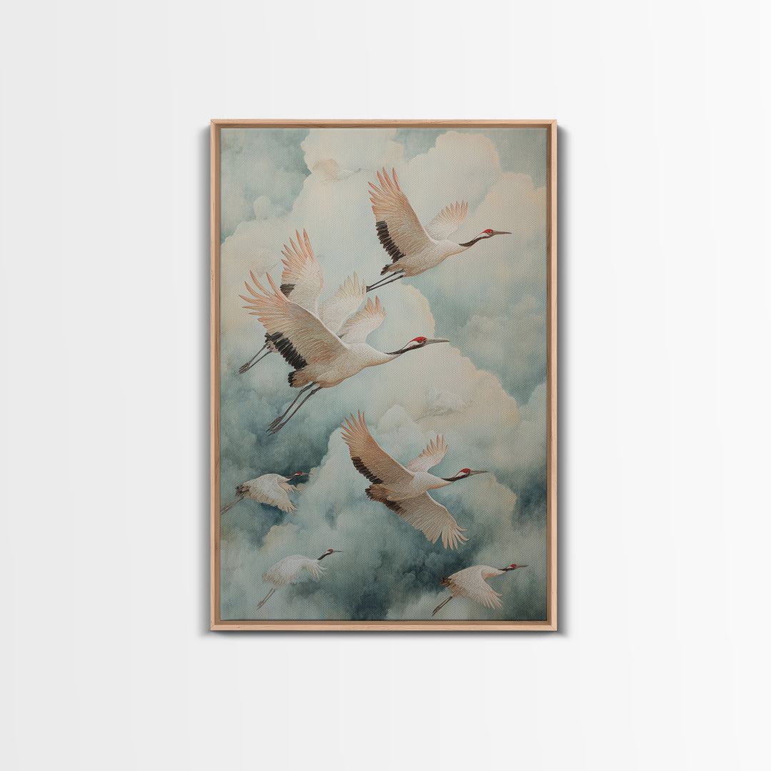 Ethereal Cranes Flying Through Pale Morning Mist Canvas Print, Above Bed Art, Canvas Wall Art, Bedroom Decor, Serenity, ABA-2x3-65