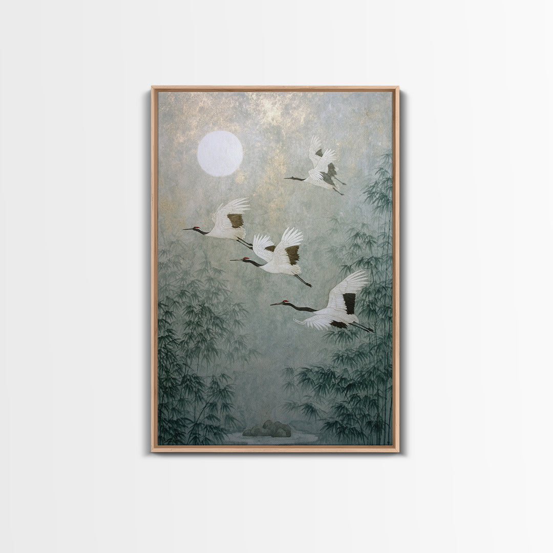 Ethereal Cranes Flying Through Pale Morning Mist Canvas Print, Above Bed Art, Living Room Decor, Bedroom Decor, Serenity, ABA-2x3-89