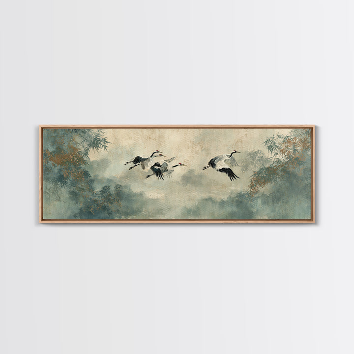 Ethereal Cranes Flying Through Pale Morning Mist Framed Canvas Print, Above Bed Art, Apartment Decor, Bedroom Decor, Serenity, ABA-3x1-1
