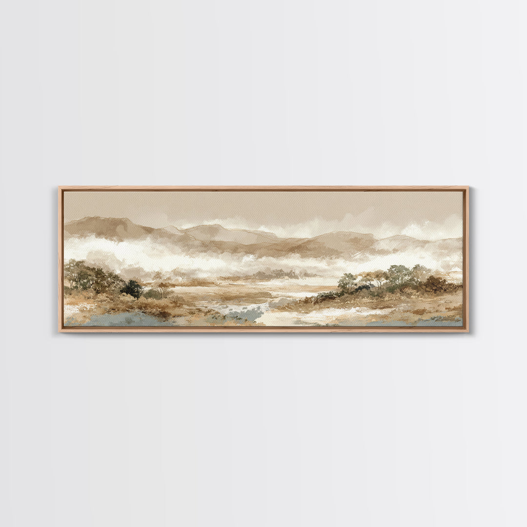 Panoramic Misty Mountain Landscape Framed Canvas Print, Above Bed Art, Boho Wall Art, Bedroom Decor, Fine Art, Serenity, ABA-3x1-17