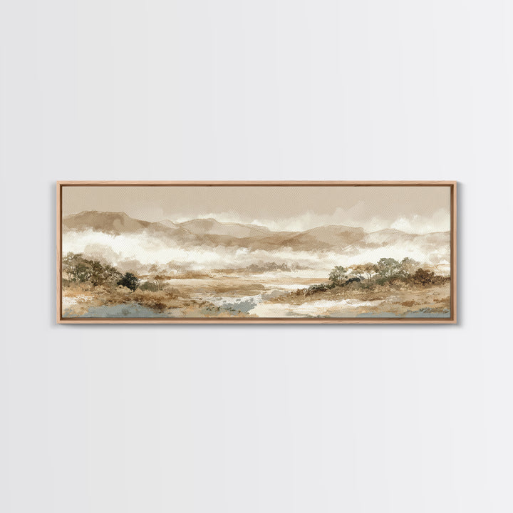 Panoramic Misty Mountain Landscape Framed Canvas Print, Above Bed Art, Boho Wall Art, Bedroom Decor, Fine Art, Serenity, ABA-3x1-17