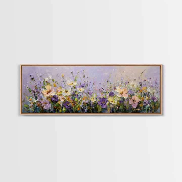 Wide Meadow of Muted Wildflowers at Dusk Framed Canvas Print, Above Bed Art, Bedroom Decor, Watercolor Art, Serenity, ABA-3x1-2