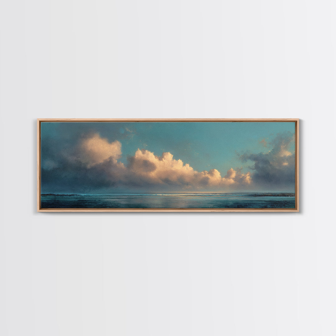 Tranquil Cloudscape with Blush Undertones Canvas Print, Above Bed Art, Horizontal Wall Art, Bedroom Decor, Fine Art, Serenity, ABA-3x1-21
