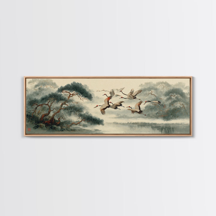 Ethereal Cranes Flying Through Pale Morning Mist Canvas Print, Above Bed Art, Dopamine Decor, Bedroom Decor, Abstract Art, ABA-3x1-25