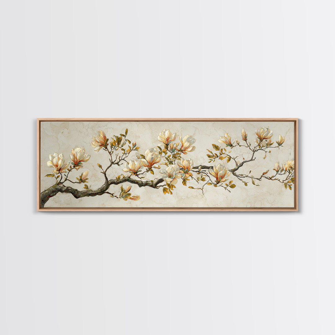 Delicate Magnolia Branch on Cream Background Framed Canvas Print, Above Bed Art, Bedroom Wall Decor, Bedroom Decor, Serenity, ABA-3x1-32