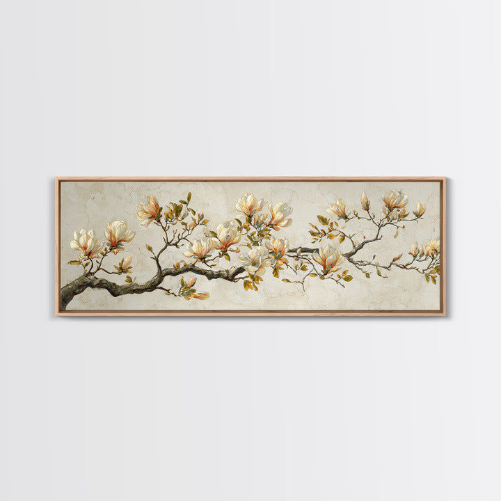 Delicate Magnolia Branch on Cream Background Framed Canvas Print, Above Bed Art, Bedroom Wall Decor, Bedroom Decor, Serenity, ABA-3x1-32