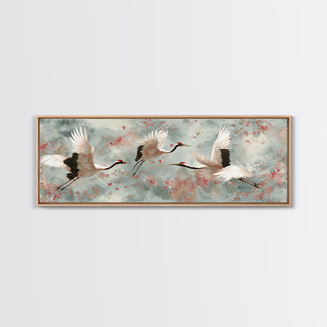 Ethereal Cranes Flying Through Pale Morning Mist Canvas Print, Above Bed Art, Dopamine Decor, Bedroom Decor, Abstract Art, ABA-3x1-49