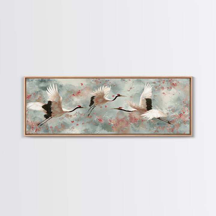 Ethereal Cranes Flying Through Pale Morning Mist Canvas Print, Above Bed Art, Dopamine Decor, Bedroom Decor, Abstract Art, ABA-3x1-49