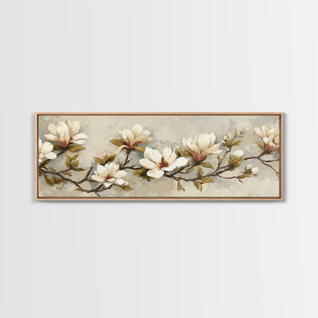 Delicate Magnolia Branch on Cream Background Canvas Print, Above Bed Art, Textured Painting, Bedroom Decor, Serenity, ABA-3x1-56