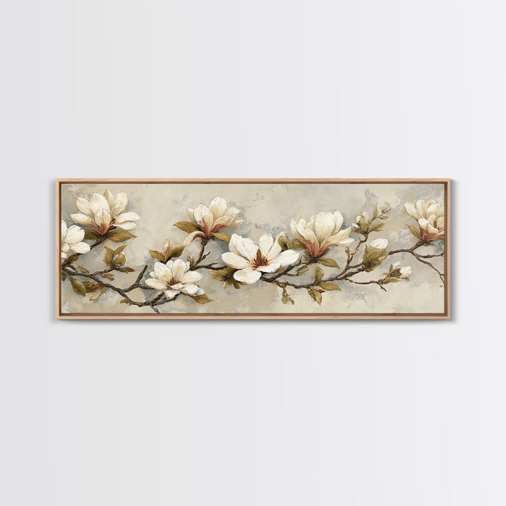 Delicate Magnolia Branch on Cream Background Canvas Print, Above Bed Art, Textured Painting, Bedroom Decor, Serenity, ABA-3x1-56
