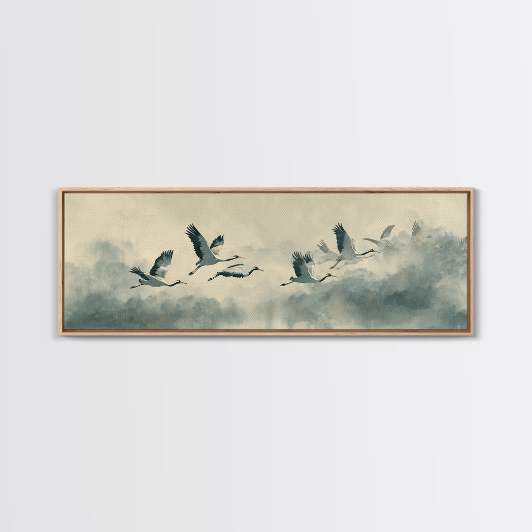 Ethereal Cranes Flying Through Pale Morning Mist Canvas Print, Above Bed Art, Living Room Wall Art, Bedroom Decor, Serenity, ABA-3x1-73