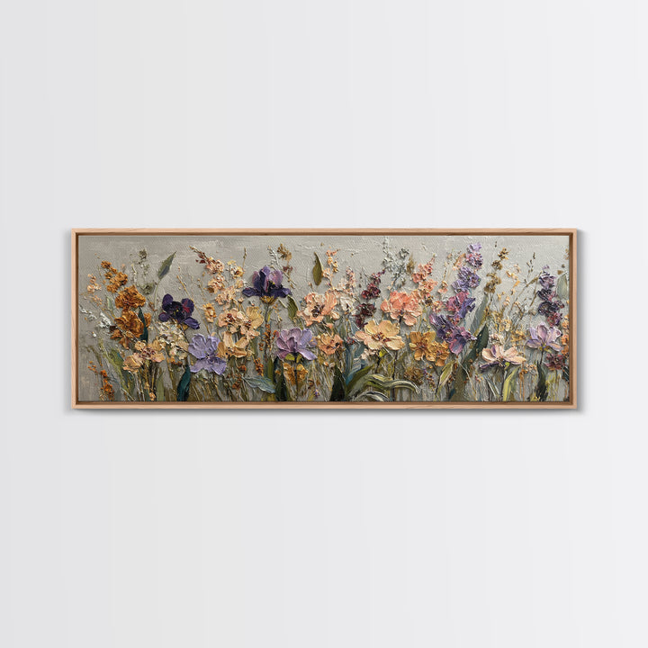 Wide Meadow of Muted Wildflowers at Dusk Framed Canvas Print, Above Bed Art, Whimsical Decor, Bedroom Decor, Fine Art, Serenity, ABA-3x1-74