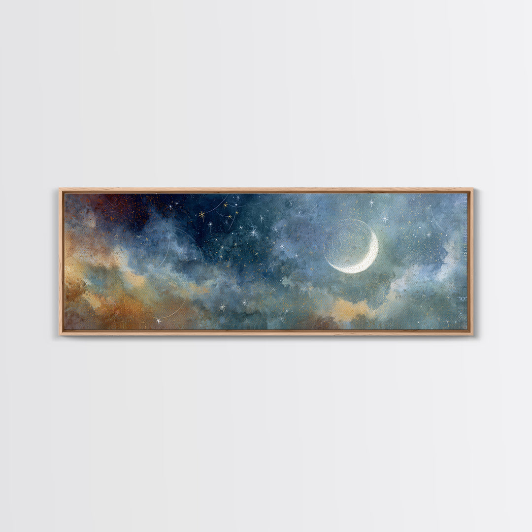 Subtle Celestial Scene Framed Canvas Print, Above Bed Art, Japanese Wall Art, Bedroom Decor, Fine Art, Serenity, Neutral Decor, ABA-3x1-77