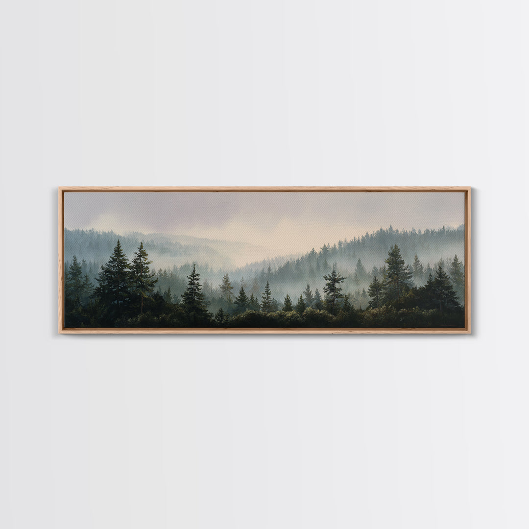 Quiet Forest Ridge Softened by Fog Canvas Print, Above Bed Art, Digital Prints, Bedroom Decor, Oil Painting, Serenity, ABA-3x1-78