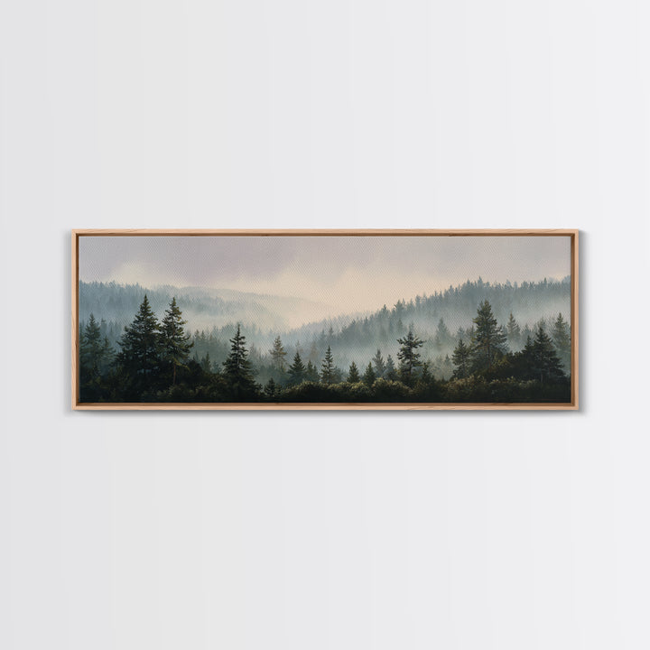 Quiet Forest Ridge Softened by Fog Canvas Print, Above Bed Art, Digital Prints, Bedroom Decor, Oil Painting, Serenity, ABA-3x1-78