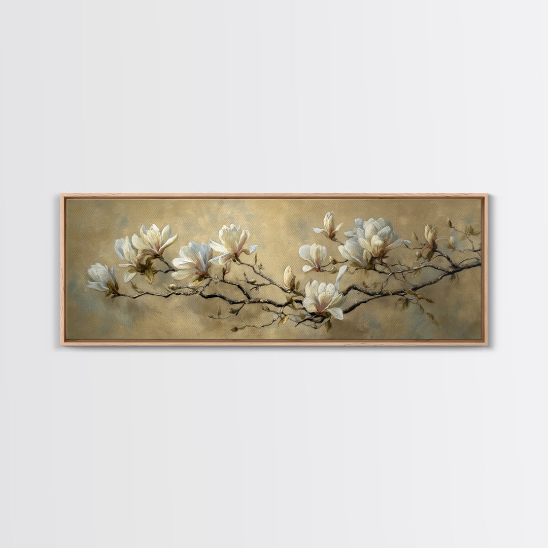 Delicate Magnolia Branch on Cream Background Canvas Print, Above Bed Art, Digital Prints, Bedroom Decor, Watercolor Art, ABA-3x1-80