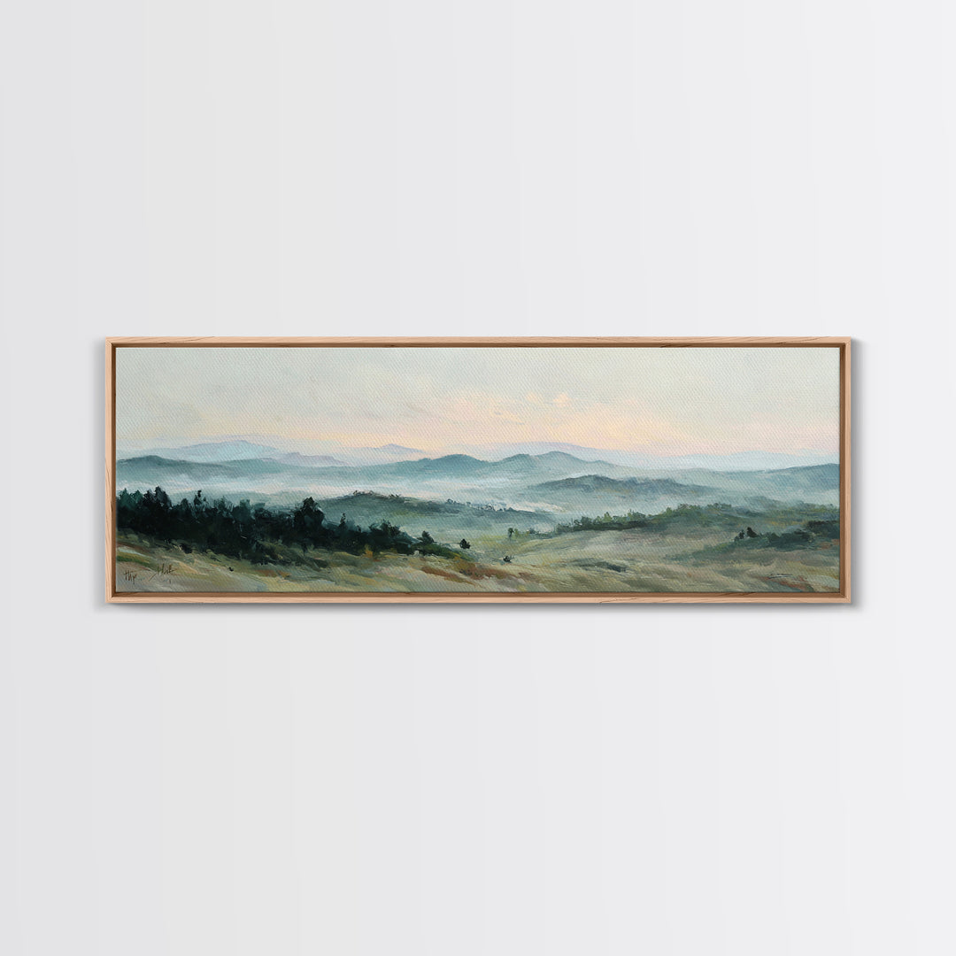 Soft Romantic Landscape Framed Canvas Print, Above Bed Art, Sage Green Wall Art, Bedroom Decor, Serenity, Modern Decor, ABA-3x1-81