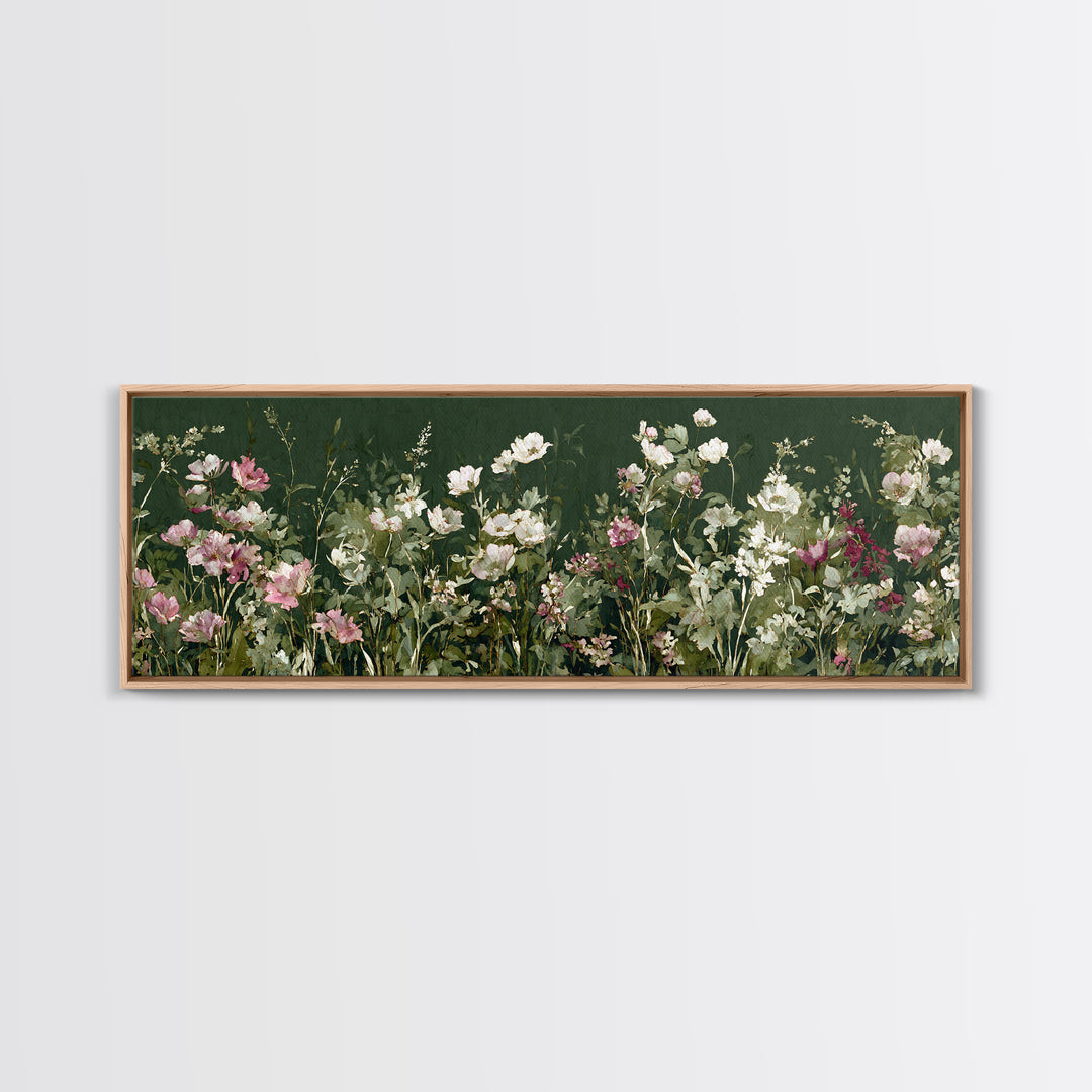 Wide Meadow of Muted Wildflowers at Dusk Canvas Print, Above Bed Art, Boho Wall Decor, Bedroom Decor, Oil Painting, Serenity, ABA-3x1-98