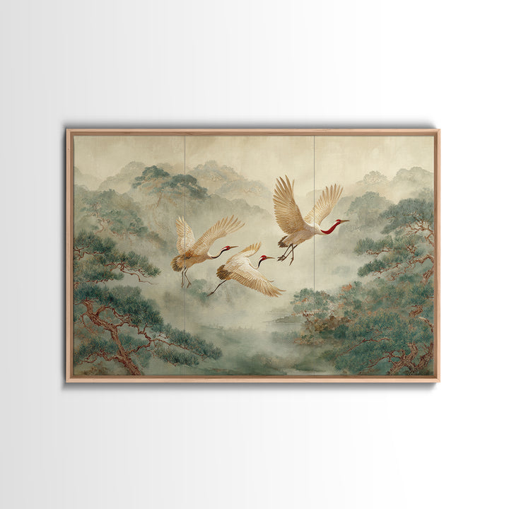 Ethereal Cranes Flying Through Pale Morning Mist Canvas Print, Above Bed Art, Living Room Decor, Bedroom Decor, Serenity, ABA-3x2-13