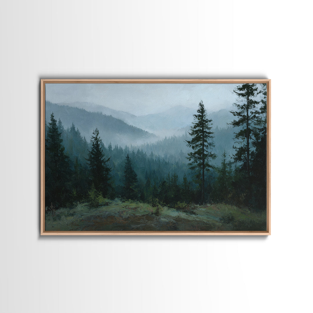 Quiet Forest Ridge Softened by Fog Framed Canvas Print, Above Bed Art, Large Wall Art, Bedroom Decor, Fine Art, Serenity, ABA-3x2-18