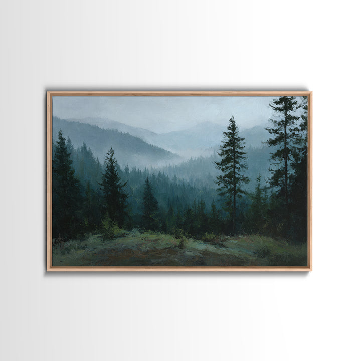 Quiet Forest Ridge Softened by Fog Framed Canvas Print, Above Bed Art, Large Wall Art, Bedroom Decor, Fine Art, Serenity, ABA-3x2-18