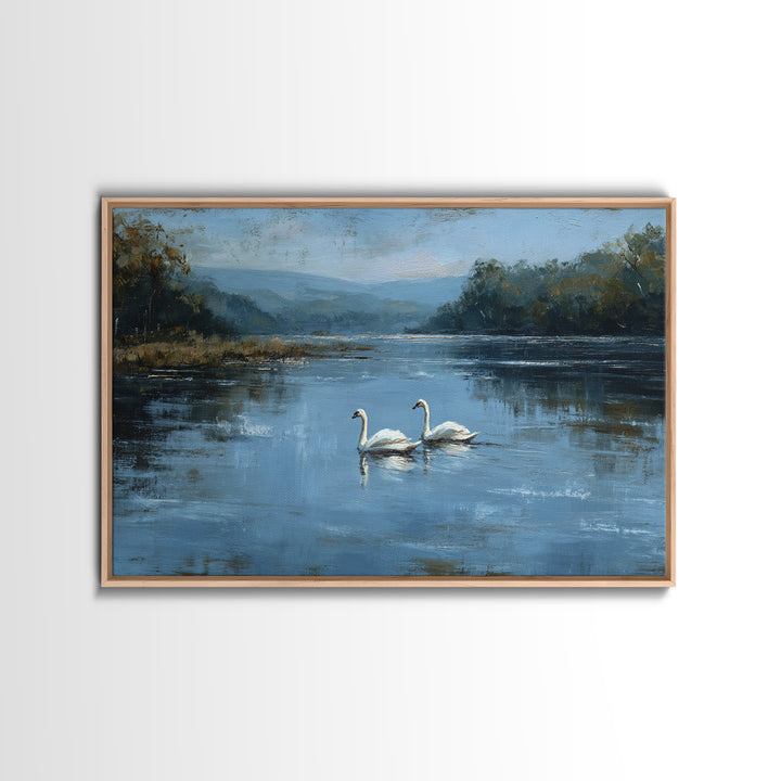 Paired Swans in a Dreamy Painterly Lake Framed Canvas Print, Above Bed Art, Printable Wall Art, Bedroom Decor, Serenity, ABA-3x2-2